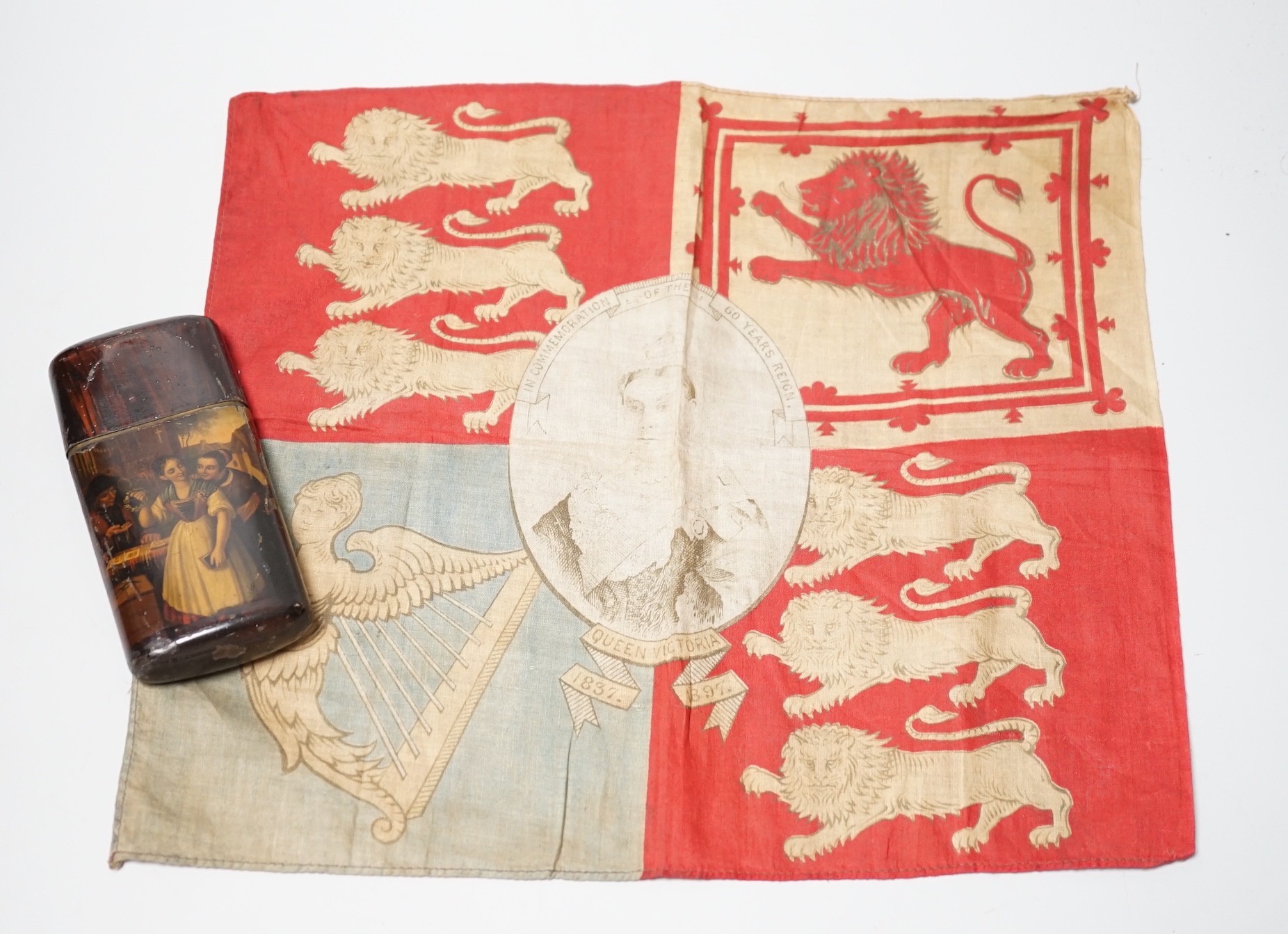 A 19th century Continental painted toleware cigar case and a Victoria Diamond Jubilee flag